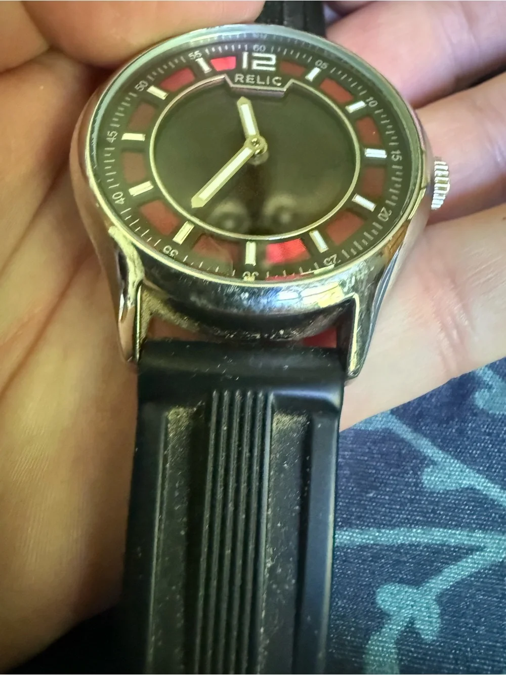 Relic Black Dial Watch with Red Accent Ring